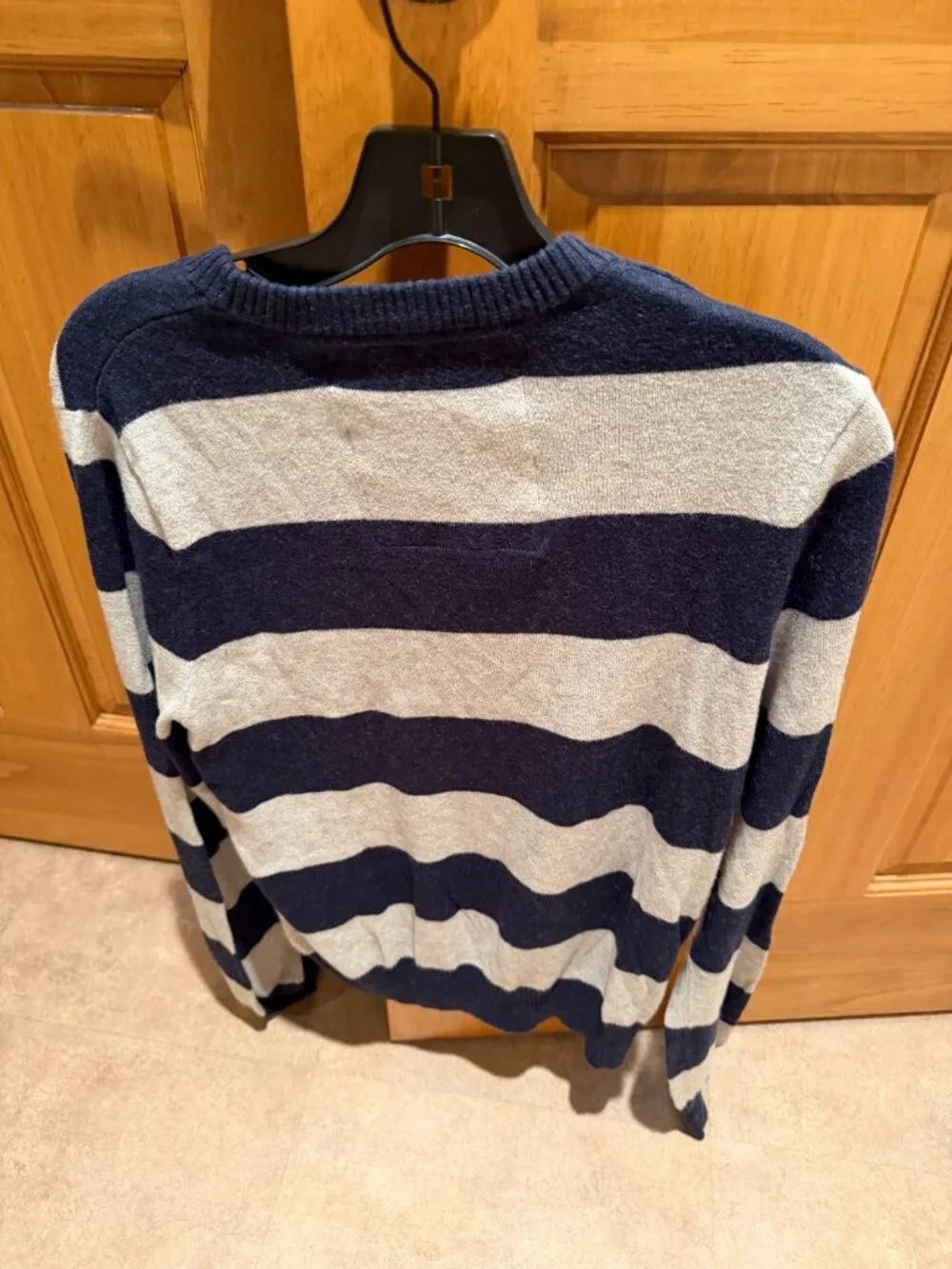 Abercrombie Fitch Y2K Vintage Striped Sweater Gray Navy Blue Moose Logo Medium